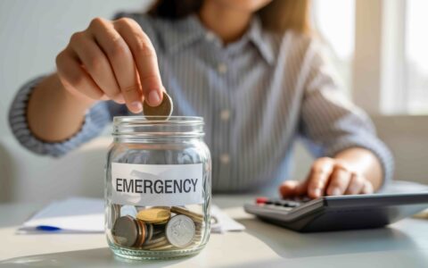 Person saving money by depositing coins into a glass jar labeled emergency