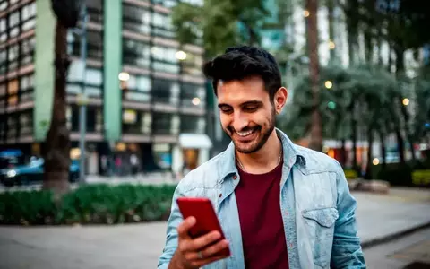 Person looking happily at his phone in the city